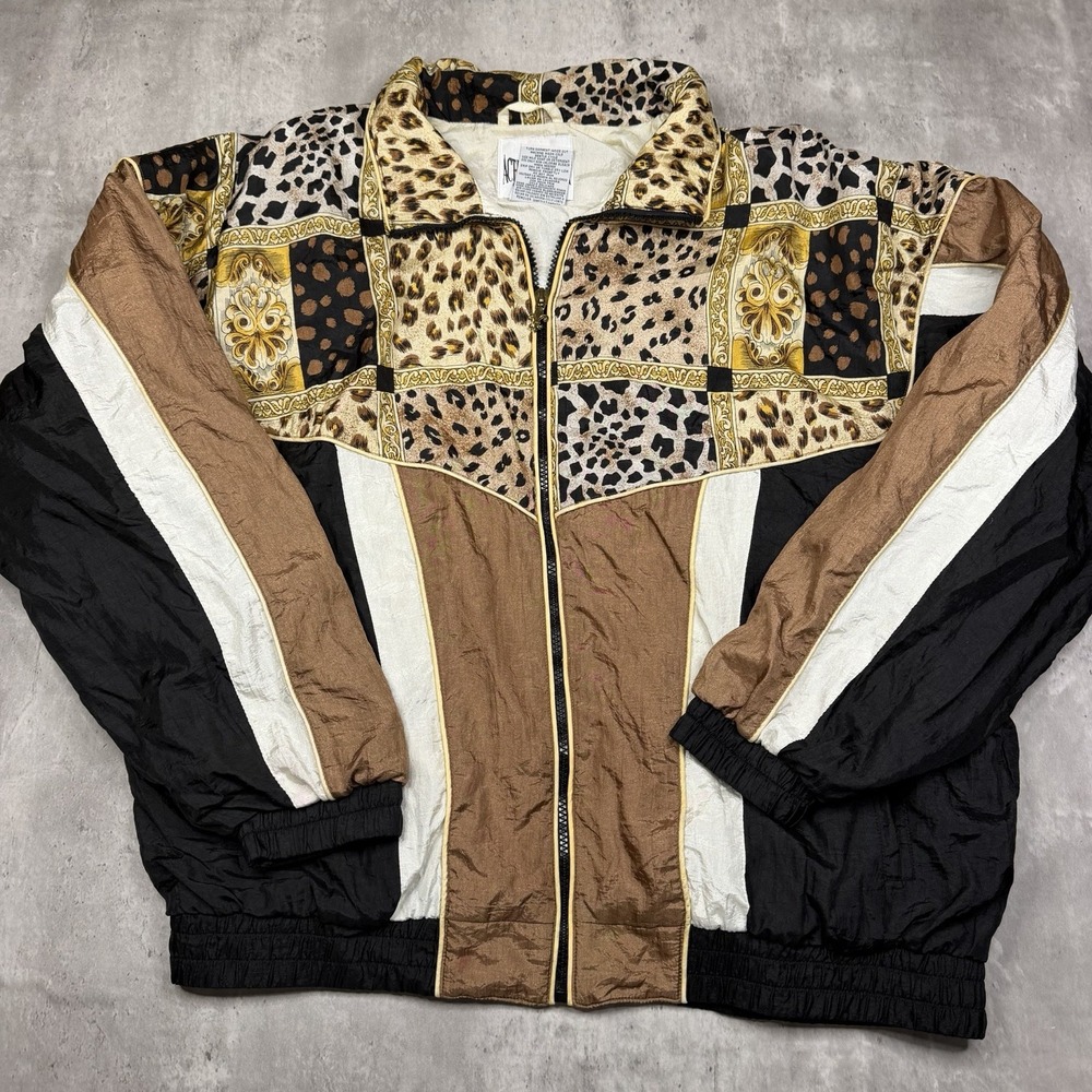 Vintage Active Frontier Leopard Print Windbreaker Jacket Black Tan M 90s Retro
